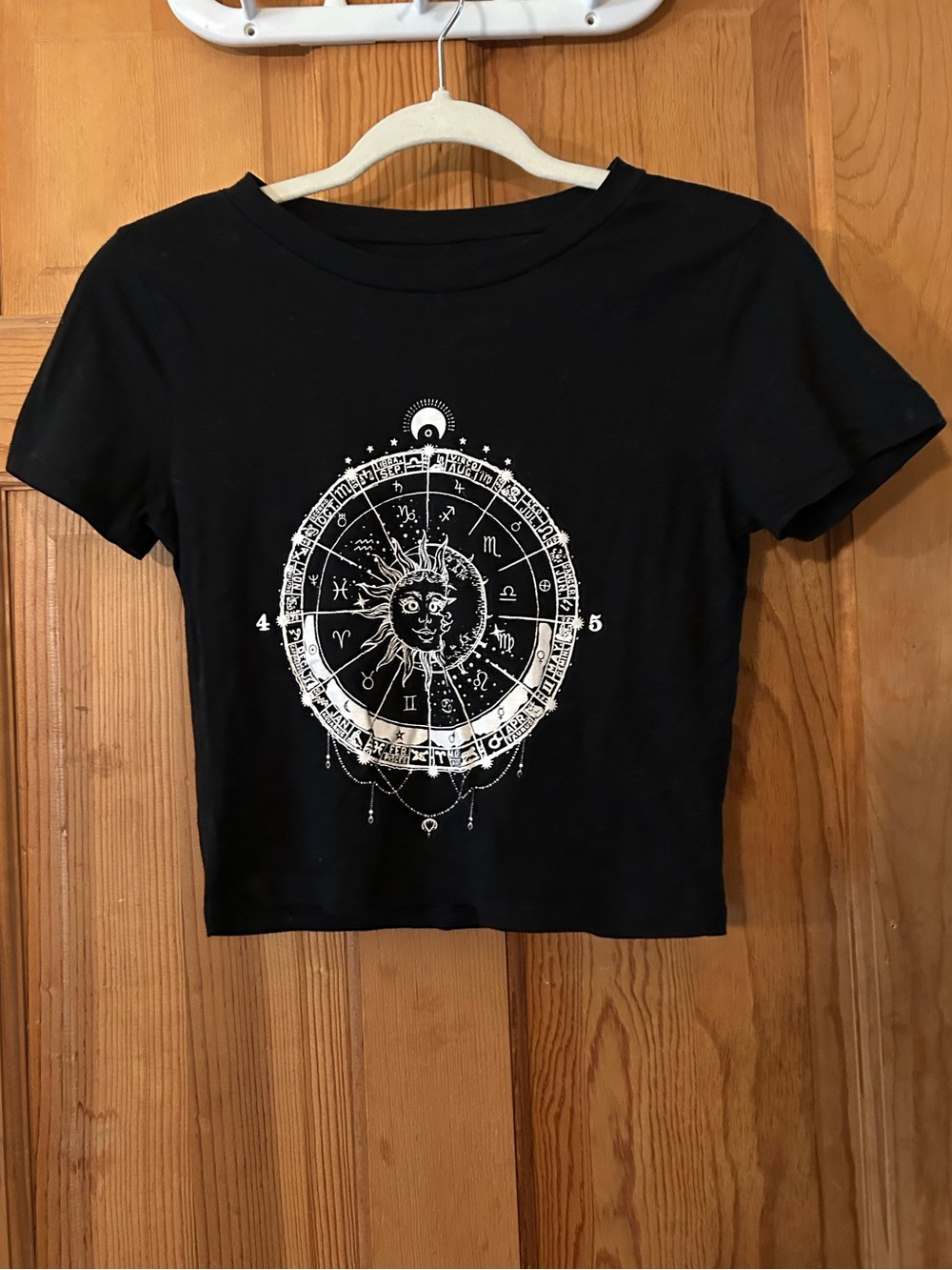 UK2LA Black Crop Top with White Astrological Wheel Graphic